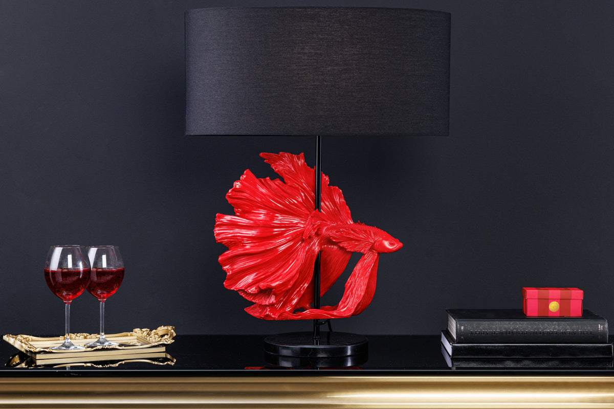 Design Tischlampe CROWNTAIL 65cm schwarz rot Stoffschirm Marmorfuß