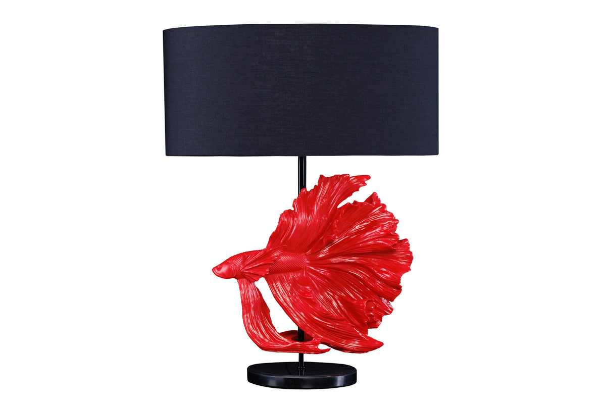 Design Tischlampe CROWNTAIL 65cm schwarz rot Stoffschirm Marmorfuß