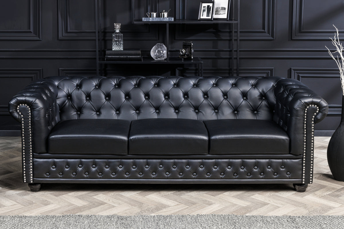 Chesterfield 3-Sitzer Sofa 205cm schwarz Kunstleder Nietenbesatz Federkern