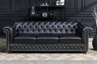 Chesterfield 3-Sitzer Sofa 205cm schwarz Kunstleder Nietenbesatz Federkern