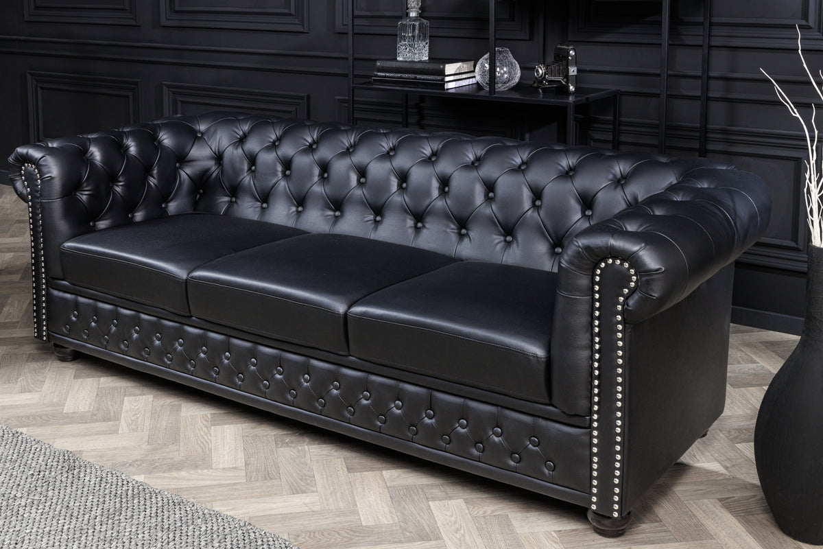 Chesterfield 3-Sitzer Sofa 205cm schwarz Kunstleder Nietenbesatz Federkern
