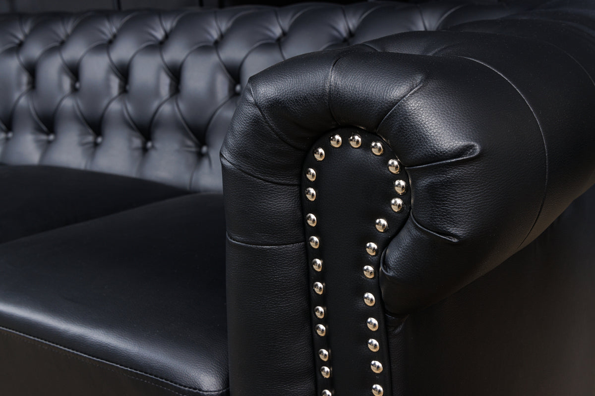 Chesterfield 3-Sitzer Sofa 205cm schwarz Kunstleder Nietenbesatz Federkern