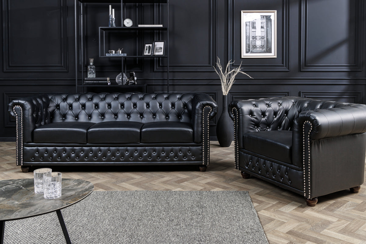 Chesterfield 3-Sitzer Sofa 205cm schwarz Kunstleder Nietenbesatz Federkern