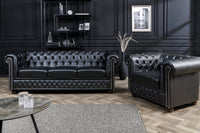 Chesterfield 3-Sitzer Sofa 205cm schwarz Kunstleder Nietenbesatz Federkern