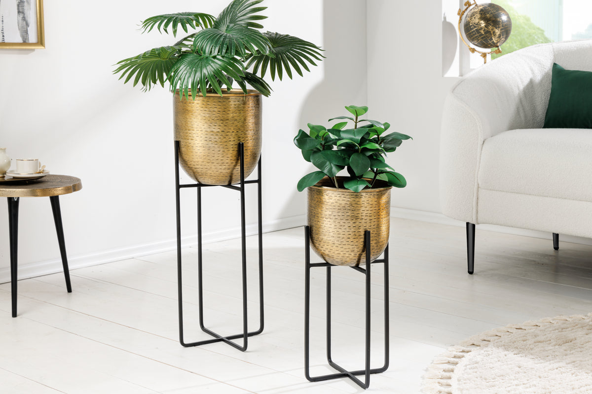 UNIT set of 2 flower pots 70/50cm gold black metal hammer design