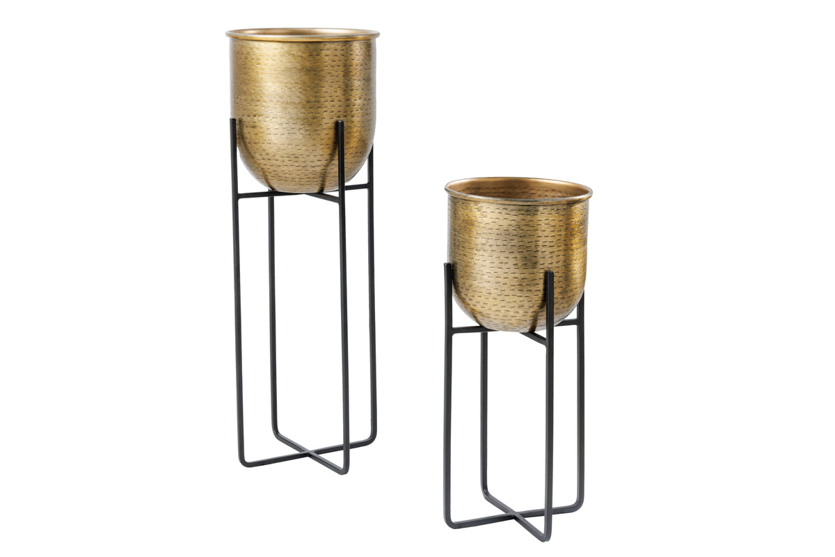 UNIT set of 2 flower pots 70/50cm gold black metal hammer design