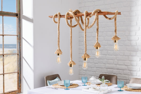 Maritime Hängeleuchte SEVEN SEAS II 90cm Massivholz Seil Lampe 5 Leuchten