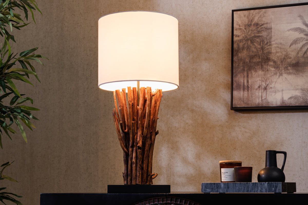 Design Tischlampe EUPHORIA 60cm natur weiß rund Massivholz handgearbeitet