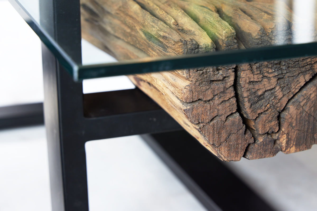 Design Couchtisch BARRACUDA 130cm recyceltes Teakholz Glasplatte schwarz Edelstahl Industrial
