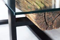 Design Couchtisch BARRACUDA 130cm recyceltes Teakholz Glasplatte schwarz Edelstahl Industrial