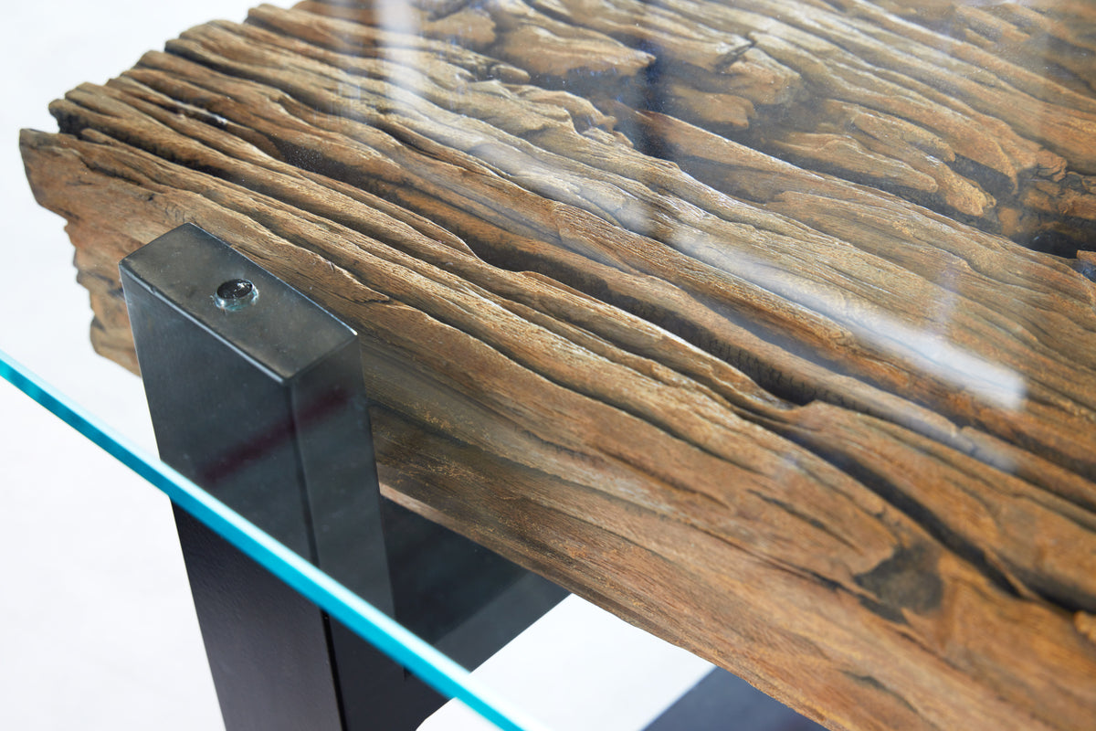 Design Couchtisch BARRACUDA 130cm recyceltes Teakholz Glasplatte schwarz Edelstahl Industrial