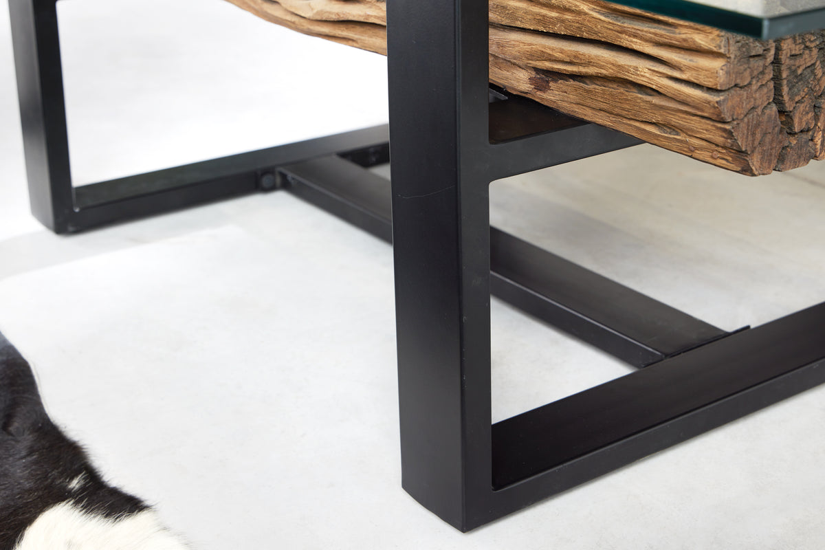 Design Couchtisch BARRACUDA 130cm recyceltes Teakholz Glasplatte schwarz Edelstahl Industrial