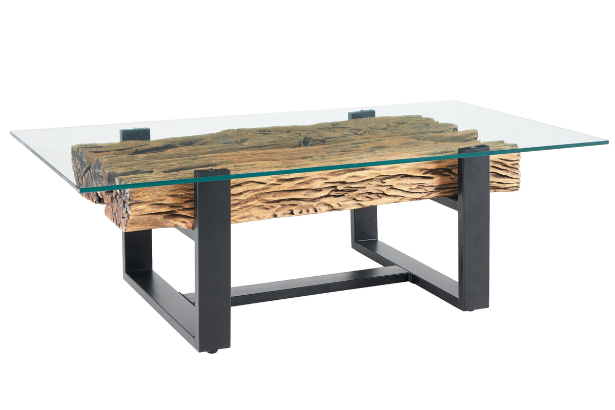 Design Couchtisch BARRACUDA 130cm recyceltes Teakholz Glasplatte schwarz Edelstahl Industrial