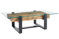 Design Couchtisch BARRACUDA 130cm recyceltes Teakholz Glasplatte schwarz Edelstahl Industrial