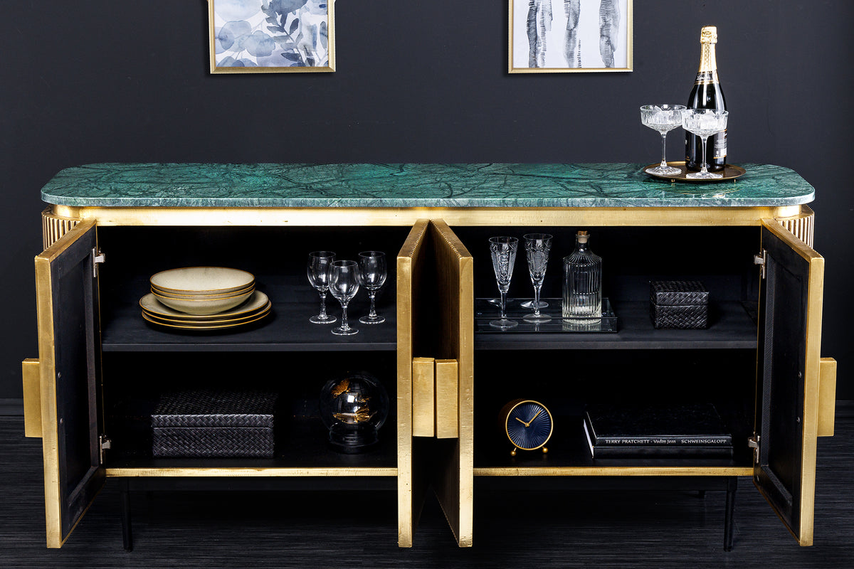 VENEZIANO Design Sideboard 160cm messing grün Marmorplatte Mangoholz Retro