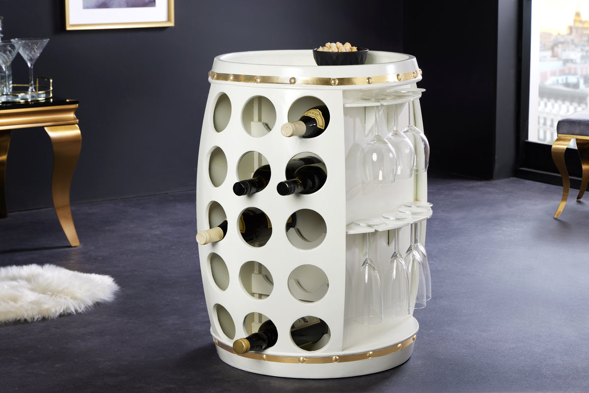 BODEGA WHITE Design Weinfass 70cm weiß gold Pinie Flaschen Gläseraufhängung
