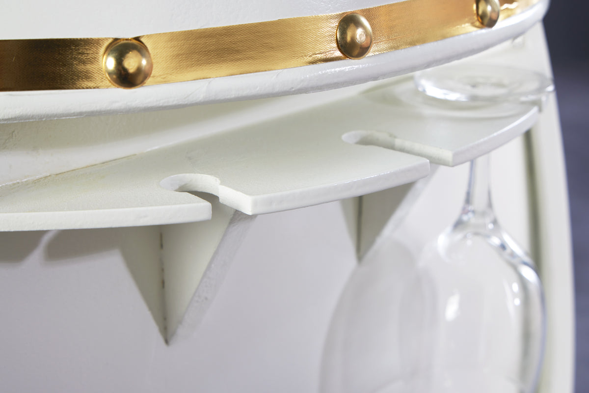 BODEGA WHITE Design Weinfass 70cm weiß gold Pinie Flaschen Gläseraufhängung
