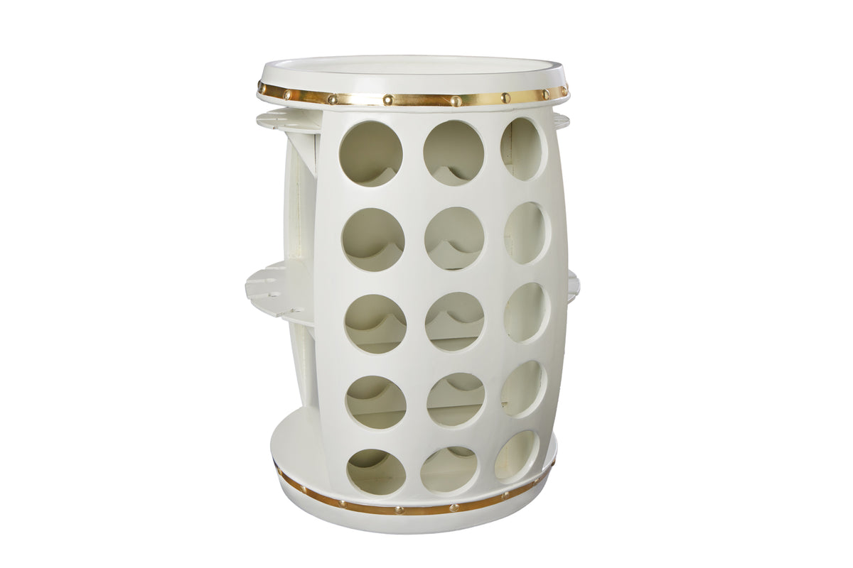 BODEGA WHITE Design Weinfass 70cm weiß gold Pinie Flaschen Gläseraufhängung