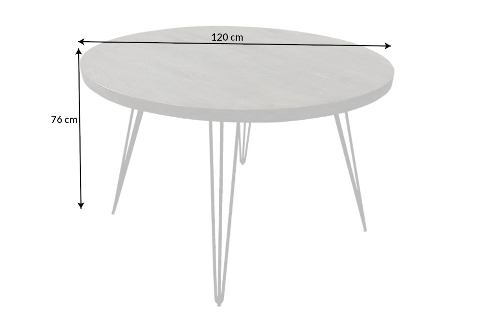 SCORPION Runder Esstisch 120cm grau Mangoholz massiv schwarze Metallbeine Hairpin Legs
