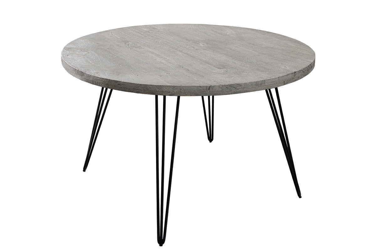 SCORPION Runder Esstisch 120cm grau Mangoholz massiv schwarze Metallbeine Hairpin Legs