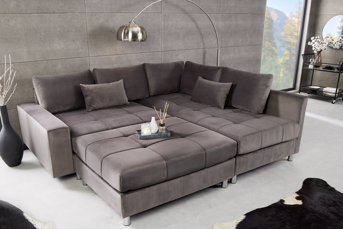 Modernes Ecksofa KENT 220cm silbergrau Samt Federkern Wohnlandschaft inkl. Hocker