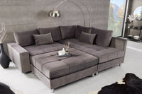 Modernes Ecksofa KENT 220cm silbergrau Samt Federkern Wohnlandschaft inkl. Hocker