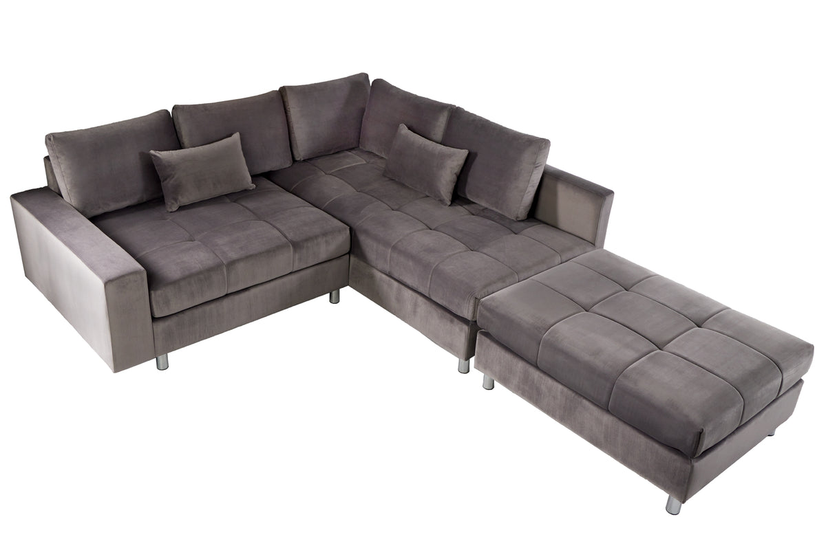 Modernes Ecksofa KENT 220cm silbergrau Samt Federkern Wohnlandschaft inkl. Hocker