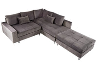 Modernes Ecksofa KENT 220cm silbergrau Samt Federkern Wohnlandschaft inkl. Hocker