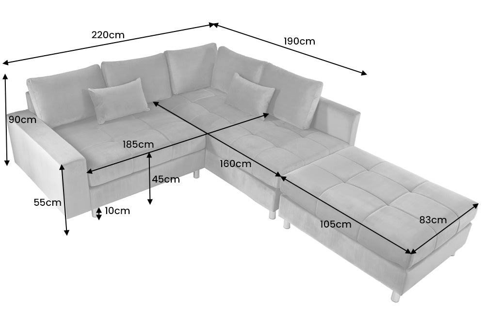 Modernes Ecksofa KENT 220cm silbergrau Samt Federkern Wohnlandschaft inkl. Hocker
