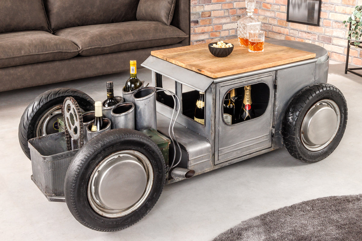 Oldtimer Couchtisch HOT ROD 160cm Stahl Mangoholz mit Stauraum Flaschenhalter massiv