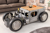 Oldtimer Couchtisch HOT ROD 160cm Stahl Mangoholz mit Stauraum Flaschenhalter massiv