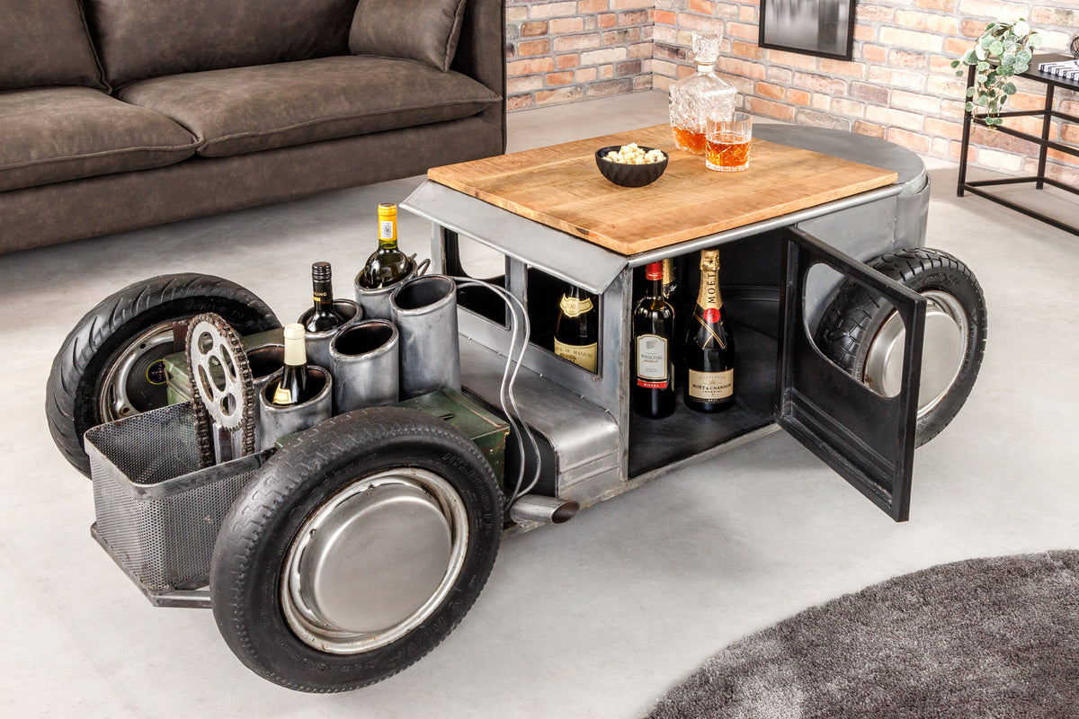 Oldtimer Couchtisch HOT ROD 160cm Stahl Mangoholz mit Stauraum Flaschenhalter massiv