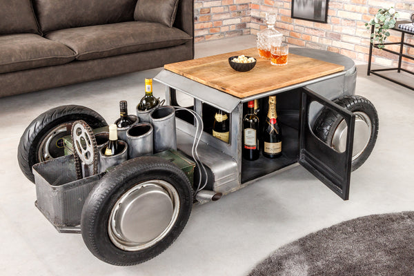 Oldtimer Couchtisch HOT ROD 160cm Stahl Mangoholz mit Stauraum Flaschenhalter massiv