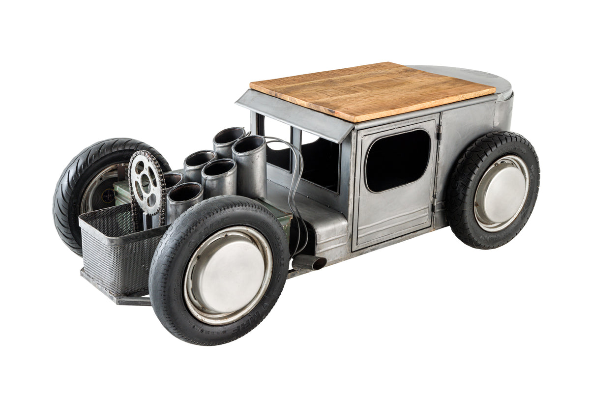 Oldtimer Couchtisch HOT ROD 160cm Stahl Mangoholz mit Stauraum Flaschenhalter massiv