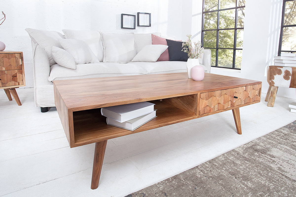Massivholz Couchtisch MYSTIC LIVING 100cm natur Akazie mit Stauraum Schubladen Ablagefach