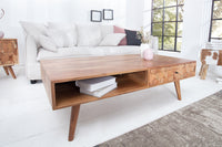 Massivholz Couchtisch MYSTIC LIVING 100cm natur Akazie mit Stauraum Schubladen Ablagefach