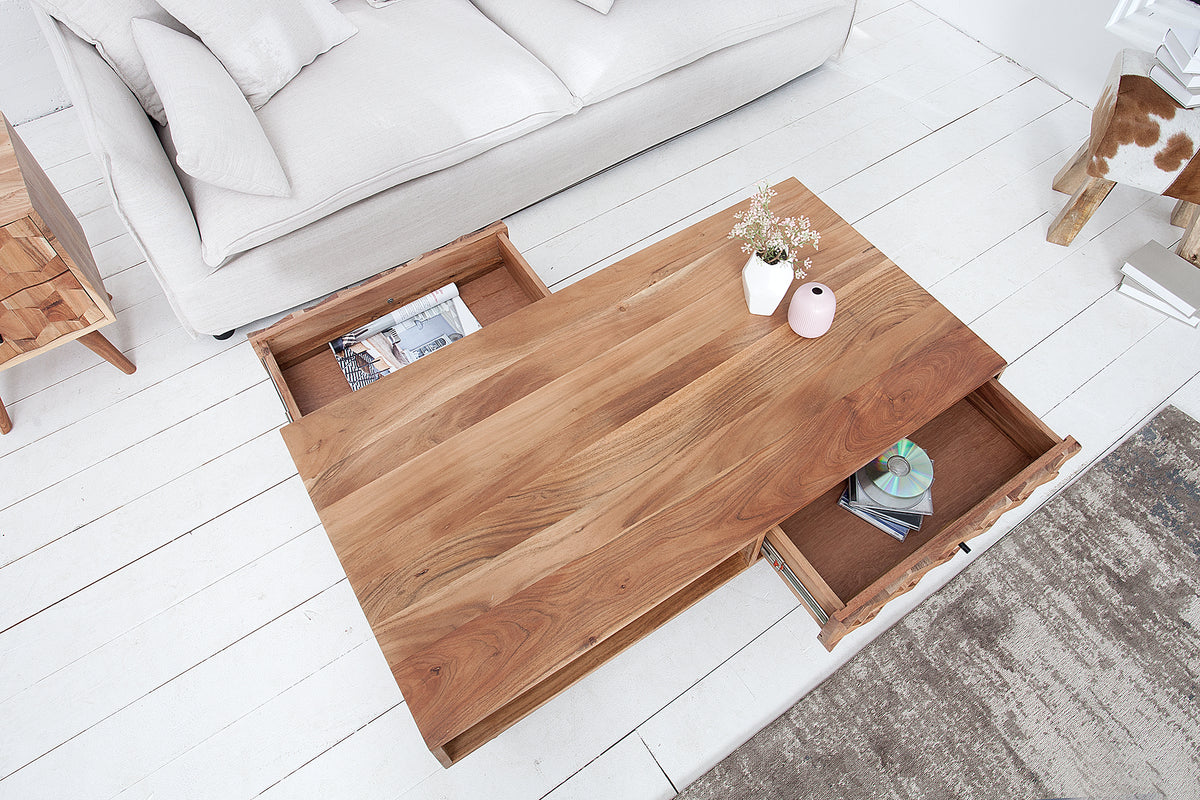 Massivholz Couchtisch MYSTIC LIVING 100cm natur Akazie mit Stauraum Schubladen Ablagefach