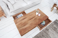Massivholz Couchtisch MYSTIC LIVING 100cm natur Akazie mit Stauraum Schubladen Ablagefach