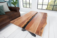 Massivholz Couchtisch AMAZONAS 105cm Akazie schwarzes Metall X-Gestell Baumkante Live Edge