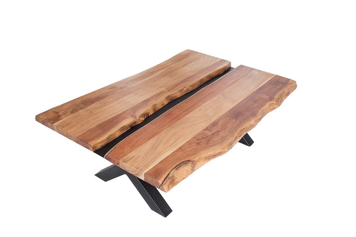 Massivholz Couchtisch AMAZONAS 105cm Akazie schwarzes Metall X-Gestell Baumkante Live Edge
