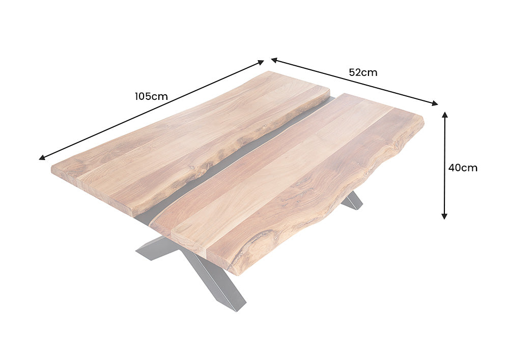 Massivholz Couchtisch AMAZONAS 105cm Akazie schwarzes Metall X-Gestell Baumkante Live Edge