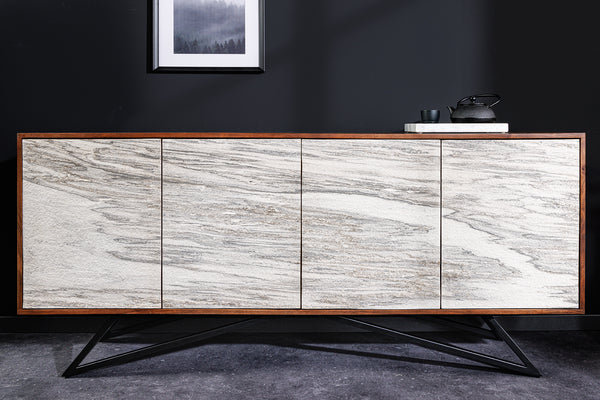 MOUNTAIN SOUL Massivholz Sideboard 175cm echter Naturstein weiß Akazie Marmor-Design