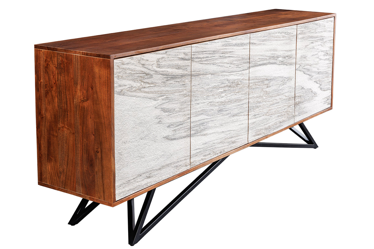MOUNTAIN SOUL Massivholz Sideboard 175cm echter Naturstein weiß Akazie Marmor-Design