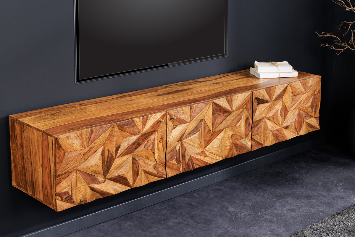 ALPINE Hängendes TV-Lowboard 160cm natur Sheesham Massivholz stone finish Metall matt gold