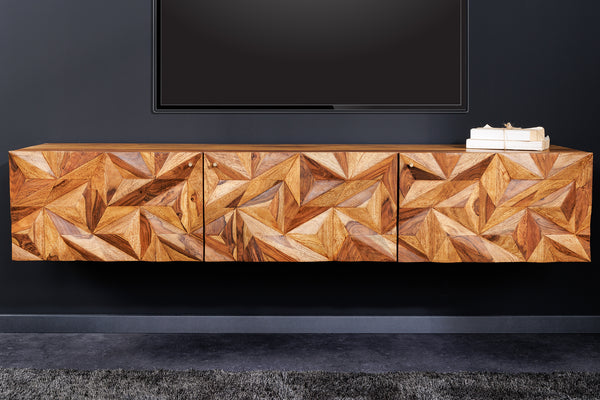 ALPINE Hängendes TV-Lowboard 160cm natur Sheesham Massivholz stone finish Metall matt gold