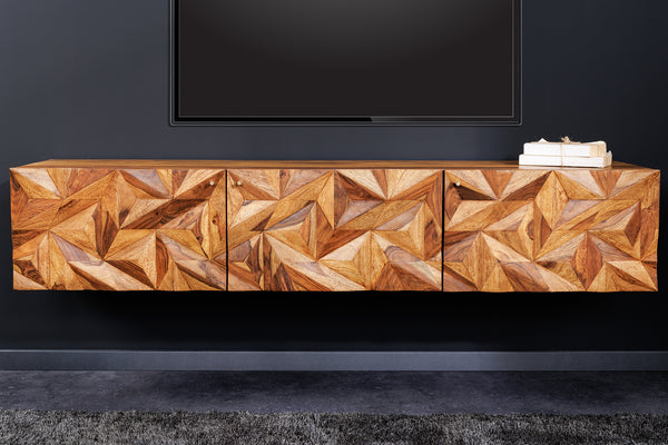ALPINE hanging TV lowboard 160cm natural sheesham solid wood stone finish metal matt gold