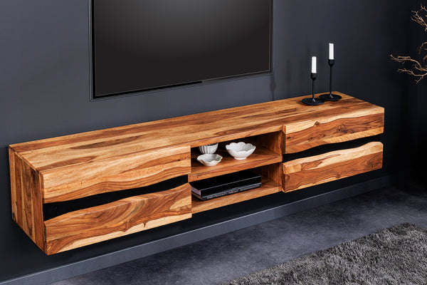 AMAZONAS Hanging TV lowboard 160cm brown Sheesham solid wood tree edge metal black