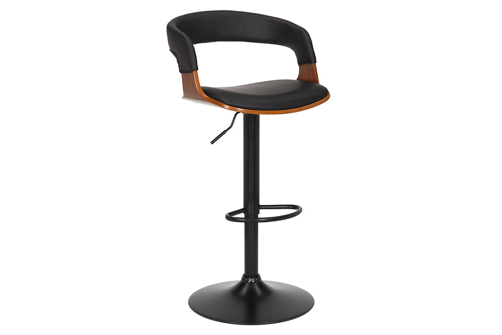 MANHATTAN Retro Barhocker schwarz Kunstleder Walnussholz mit Lehne drehbar höhenverstellbar