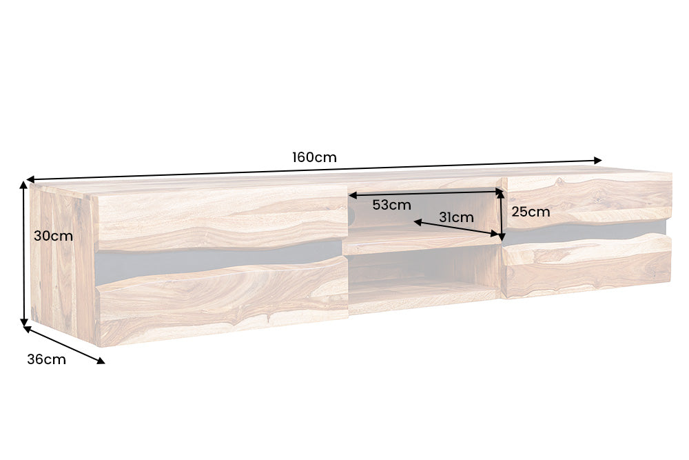 AMAZONAS Hängendes TV-Lowboard 160cm braun Sheesham Massivholz Baumkante Metall schwarz