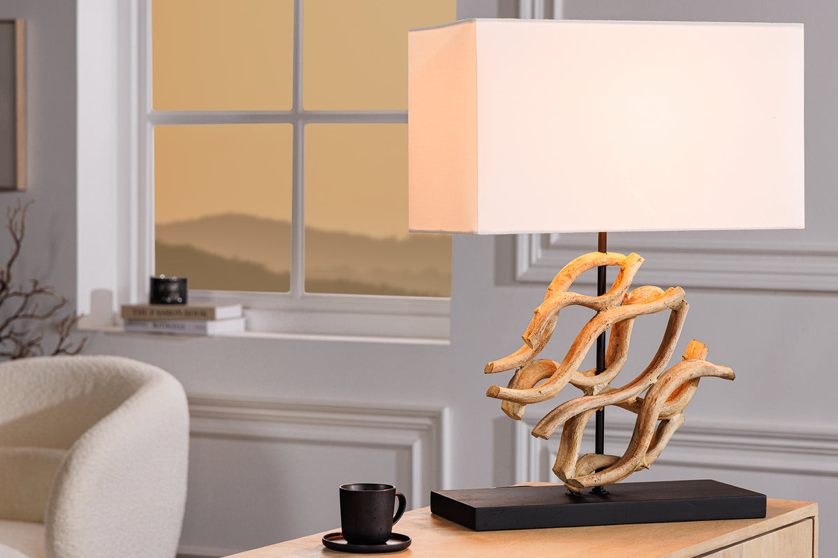Design Tischlampe WAVE 60cm natur Massivholz handmade weiß Baumwollschirm